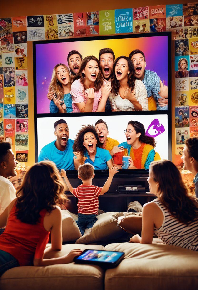 A lively family gathered around a large television watching a hilarious comedy show, laughter filling the room. The background features colorful posters of popular viral videos, with playful digital graphics floating around, symbolizing joyful chaos. The scene captures the essence of shared fun and entertainment, with vibrant expressions of joy on each family member's face. The warm lighting adds a cozy feeling to the atmosphere. cartoon style. vibrant colors. warm ambiance.