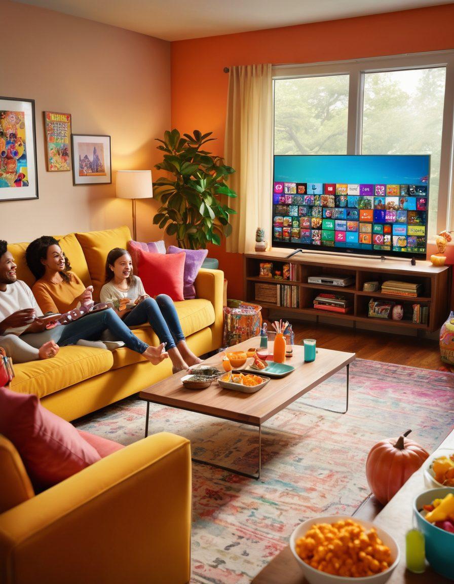 A vibrant scene depicting a diverse family gathered around a large TV, joyfully watching various streaming content. Show excitement in their faces, with the room filled with colorful snacks and playful decorations. Include elements like streaming devices and a mix of shows represented on the screen, such as cartoons and family movies. Bright colors and a warm, inviting atmosphere. super-realistic. vibrant colors. cozy living room setting.